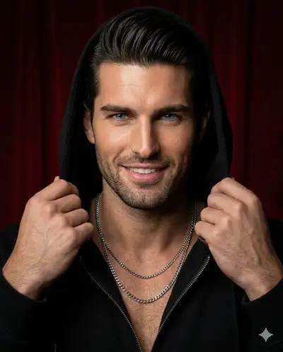Ultra-realistic 4K portrait of a man in a black hooded jacket