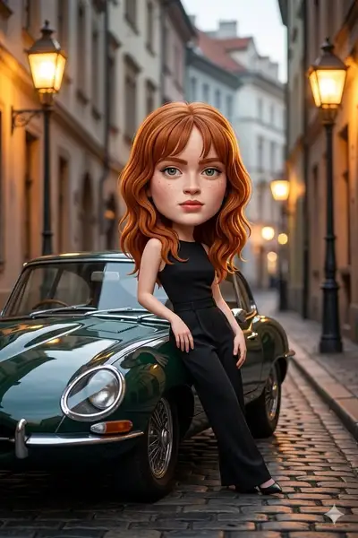 Stylized caricature portrait leaning on vintage car