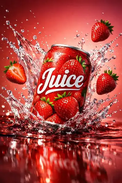 Cinematic Juice Can Splash with Strawberries