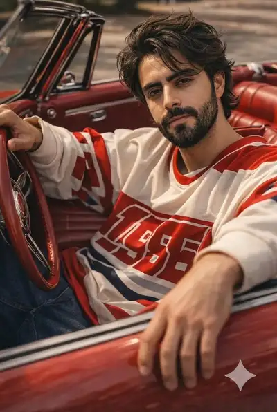 Retrato de homem elegante em conversível vermelho clássico