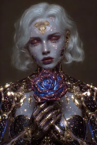 Futuristic Android with Radiant Blue and Magenta Rose