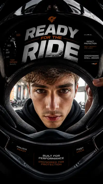 POV motorcycle helmet advertising poster prompt