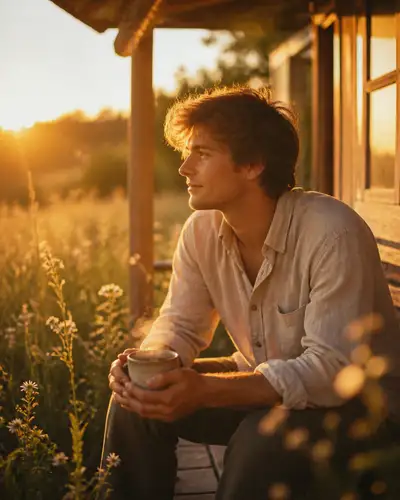 Retrato en el porche a la hora dorada con una taza de té