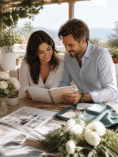 Engaged Couple Reviewing Wedding Mood Board