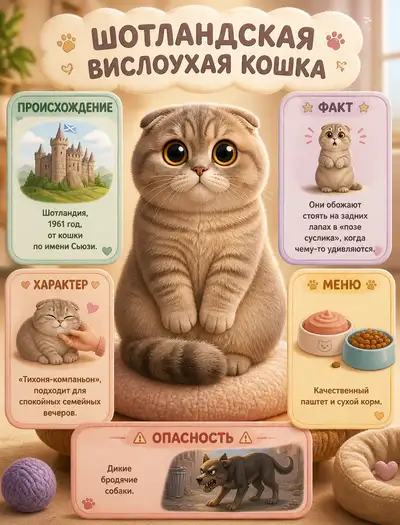 Pixar-style infographic of Scottish Fold cat