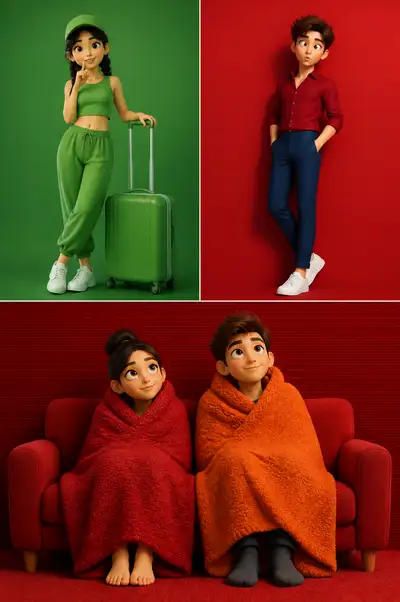 Structured JSON style guide for a 3D cartoon character trio