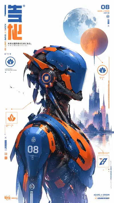 Blue and orange mecha-droid collector's edition character poster