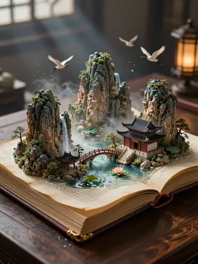 Ancient Tome With Miniature Chinese Landscapes Emerging