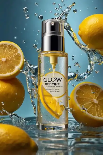 Floating citrus skincare bottle ad with lemon water splash