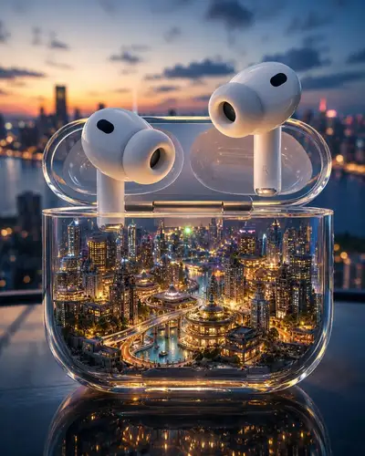 Miniature glass city hidden inside a transparent product