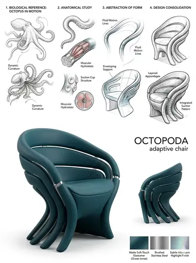 Evolução de design conceitual de cadeira inspirada em polvo