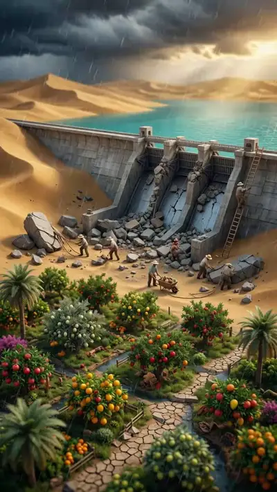 Cinematic Miniature World: Giant Hand Repairing Dam