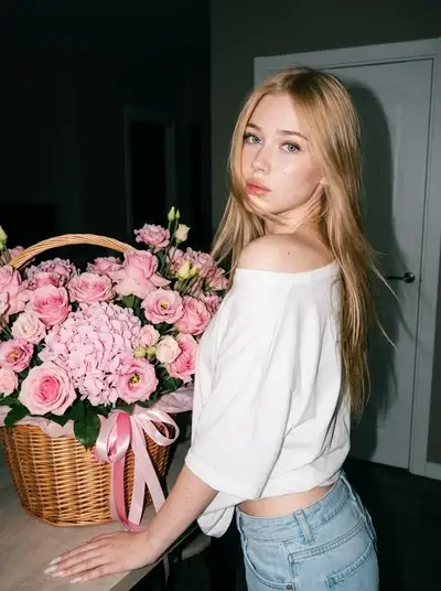 ピンクの花束の後ろで頭を振り返るモーションブラーポートレート