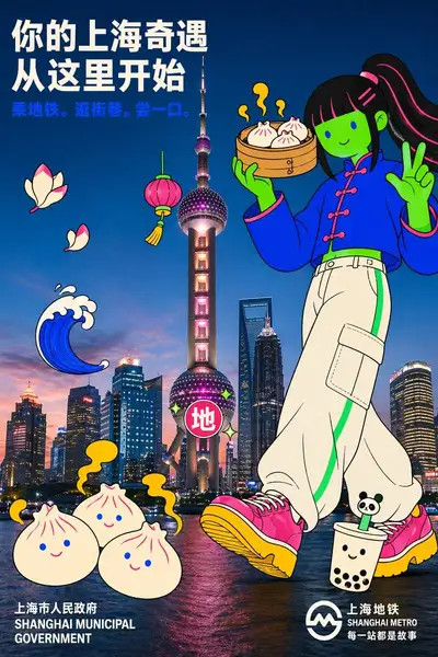 Shanghai tourism poster with mascot character JSON prompt
