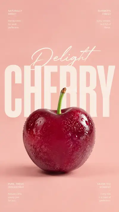 Premium magazine-style poster of a glossy cherry with typography