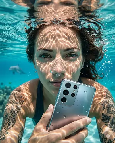 Retrato subaquático segurando um smartphone, luz refratada