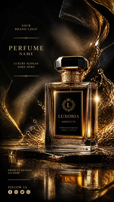 Ultra-luxury cinematic perfume bottle flyer with gold smoke