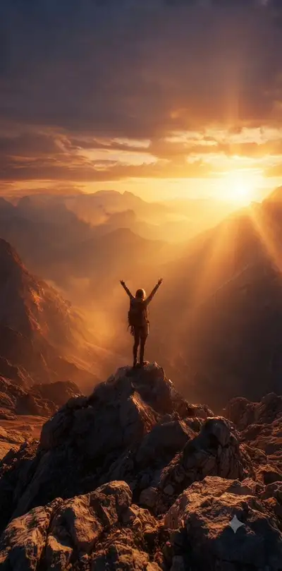 Majestätischer goldener Bergsonnenuntergang des Wanderers