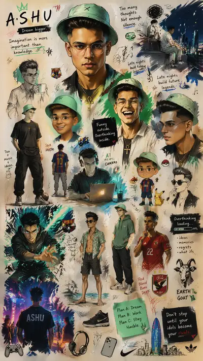 Messy sketchbook character sheet with mixed art styles