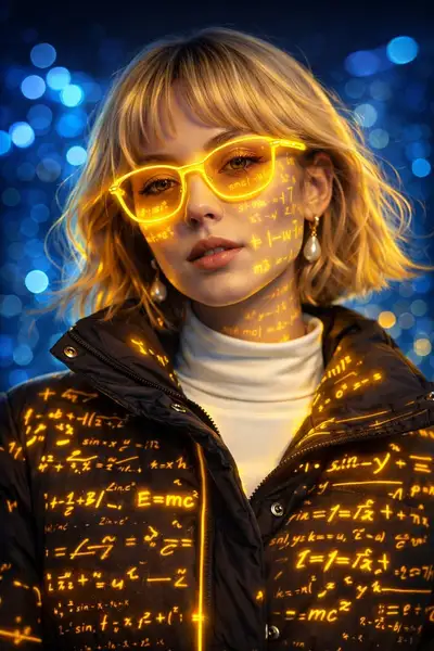Cyber sci-fi portrait with glowing equations and glasses