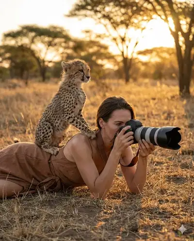 Wildlife Photographer with a Cheetah Cub on Her Shoulder