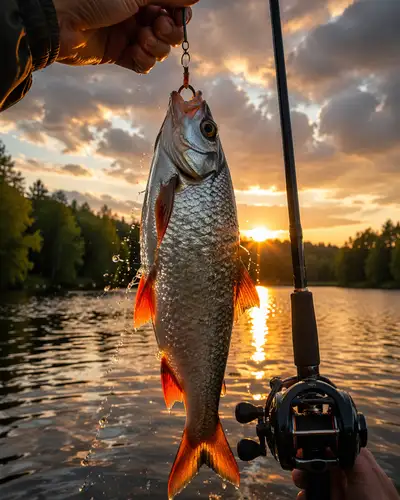 Dramatic close up photo of a fish on a hook at sunset