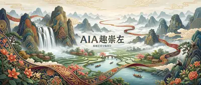 Chinese heritage tourism poster with brocade and waterfall motifs