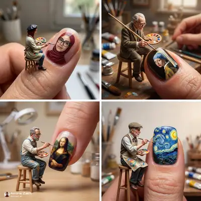 Petit artiste peignant un chef-d'œuvre sur un ongle humain géant