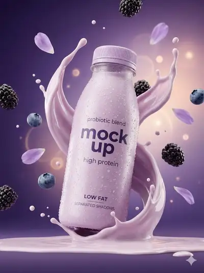 Commercial splash photography of yogurt and electrolyte drink bottles