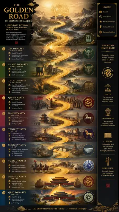 Golden road infographic connecting Chinese dynasties across time