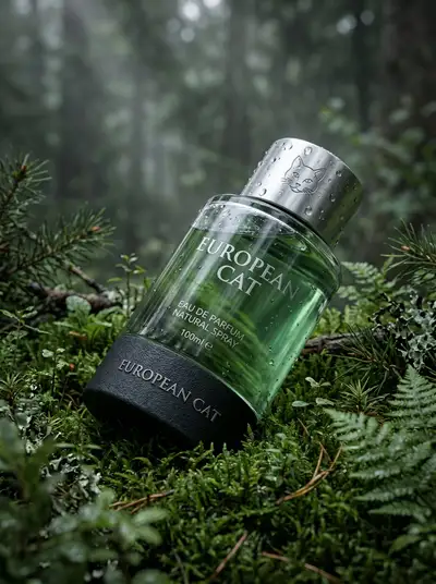 Cat fragrance product shot on forest moss