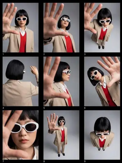 Nine-frame editorial fashion contact sheet grid portrait