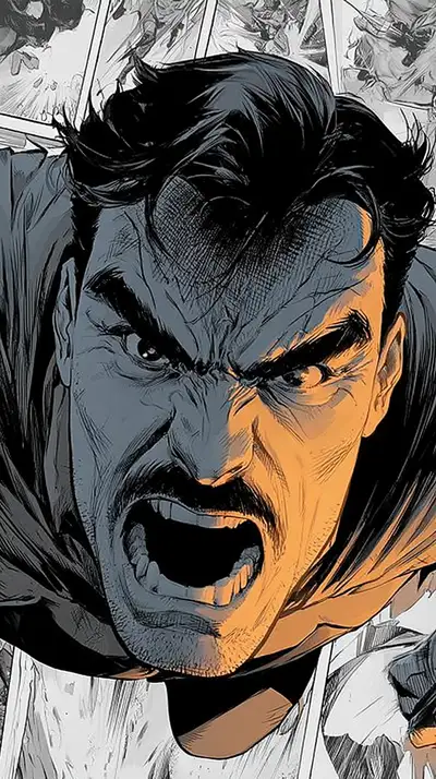 Hyper-realistic manga style portrait with comic panels