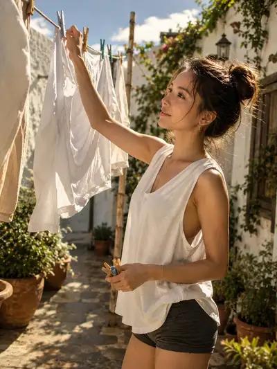 Cinematic Mediterranean Courtyard Laundry Scene