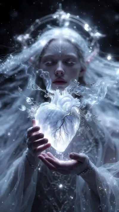 Ethereal Elven Figure with Frozen Sacred Heart