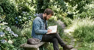 Man Sketching in English Cottage Garden