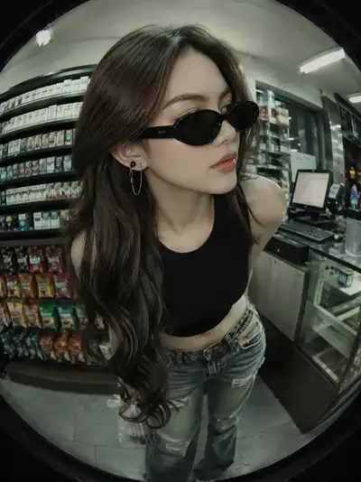 Y2K Streetwear Fisheye Portrait Inside a Convenience Store