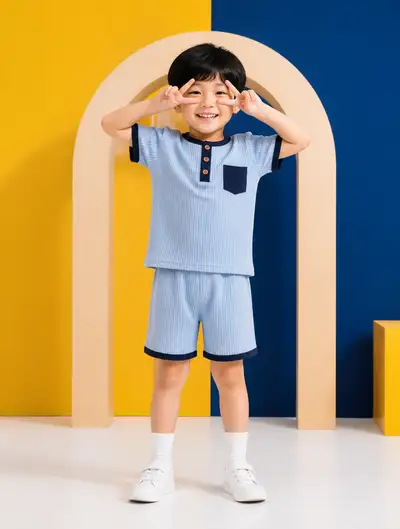High-key studio portrait of a boy in a geometric color-block set