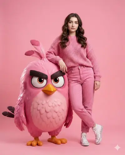Sesión de fotos de moda hiperrealista con Angry Birds Pink
