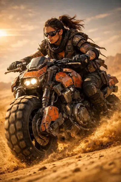 Post-apocalyptic desert biker sci-fi scene