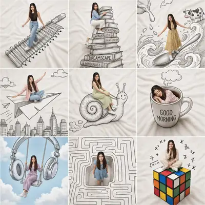3x3 Collage: Same Woman in Whimsical Doodle Scenes