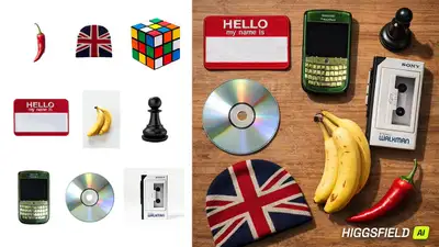 Top-Down Flat Lay Stillleben mit Alltagsgegenständen