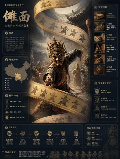 Chinese heritage infographic poster for the Nuo mask tradition