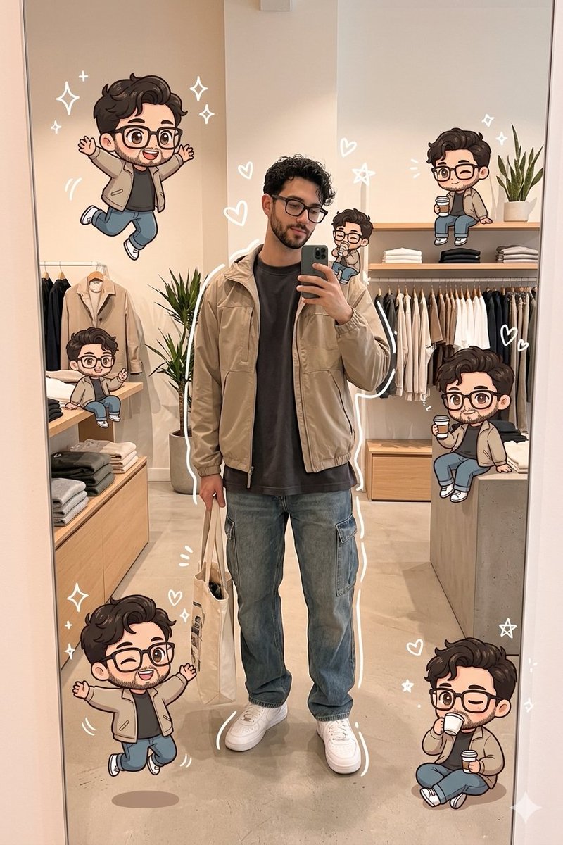 Chibi mirror selfie clones prompt (JSON)
