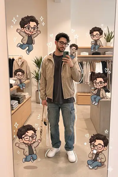 Prompt de clones chibi en selfie miroir (JSON)