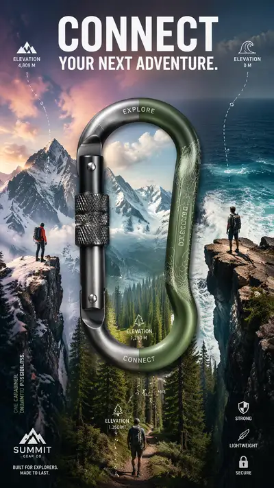 Giant carabiner linking different adventures, outdoor ad