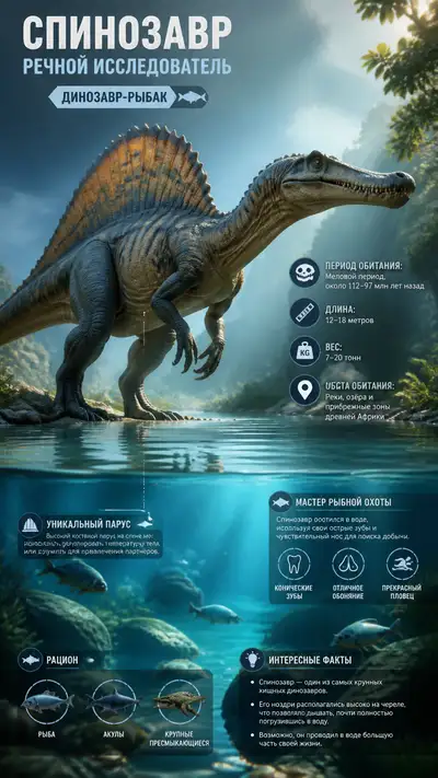 Cute Pixar style spinosaurus river explorer infographic