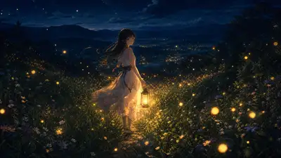 Niña caminando por un prado iluminado por luciérnagas de noche con una linterna