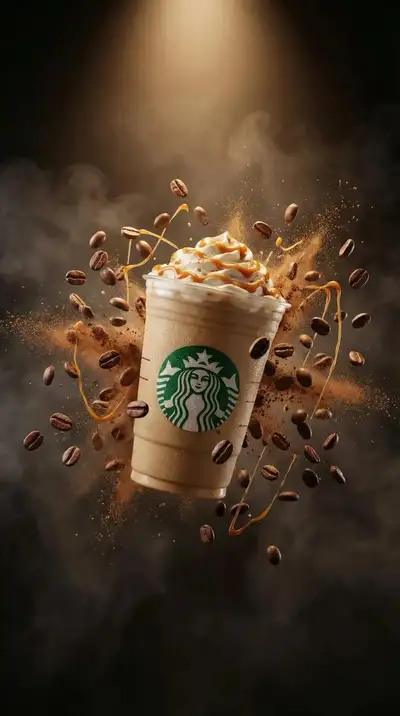 Iced caramel coffee with flying coffee beans and motion trails