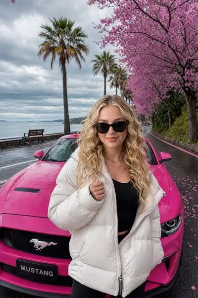 Stylish Woman with Pink Mustang on Coastal Road